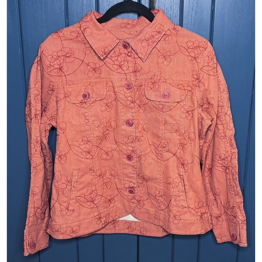 Vintage Light Orange Floral Linen Blend Jean Jacket Size PL Goblin Cottage Core
